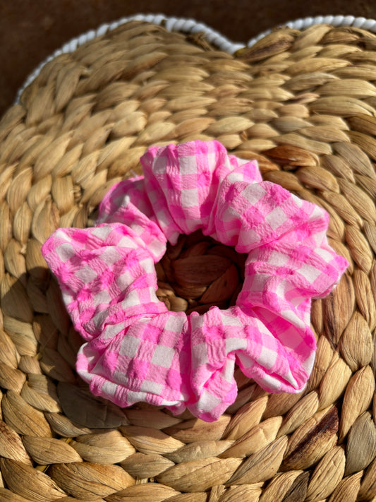 Neon Pink Gingham Scrunchie